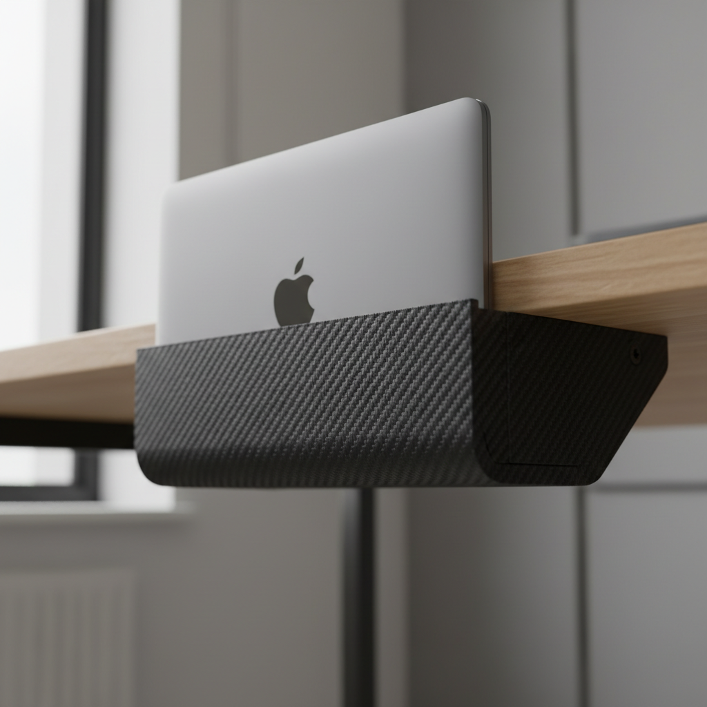 Black 3D printed under-desk laptop holder