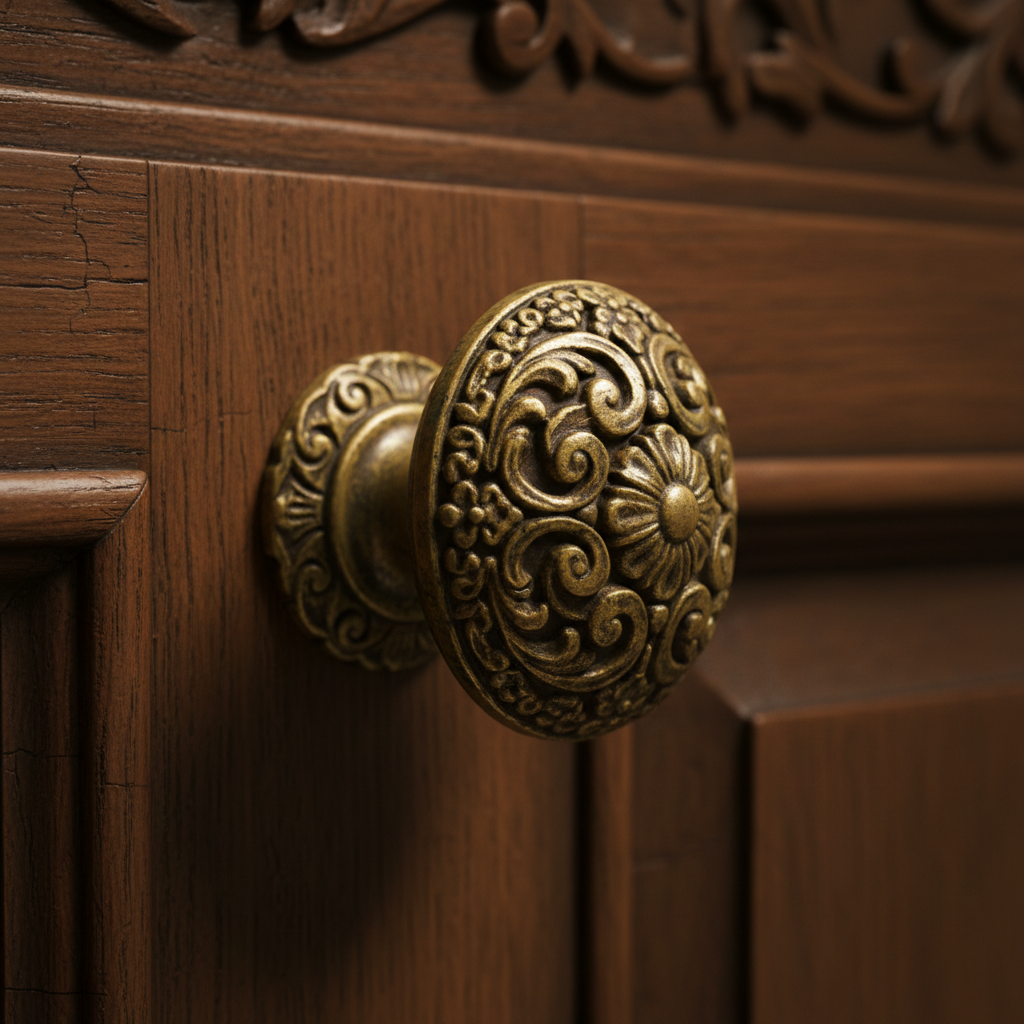 Ornate 3D printed replacement knob on vintage cabinet