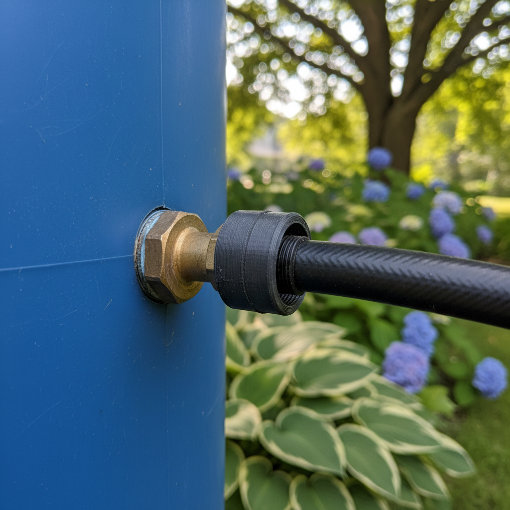 3D printed rain barrel spigot adapter on blue barrel