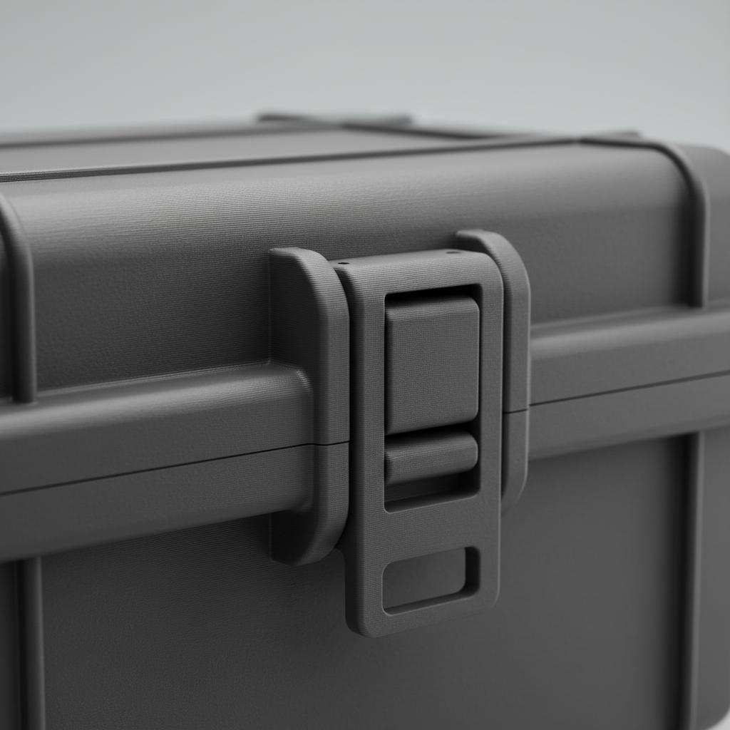Black 3D printed snap-fit latch on storage case