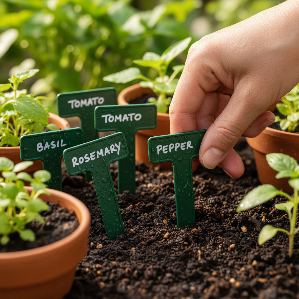 Green 3D printed plant markers in wet soil