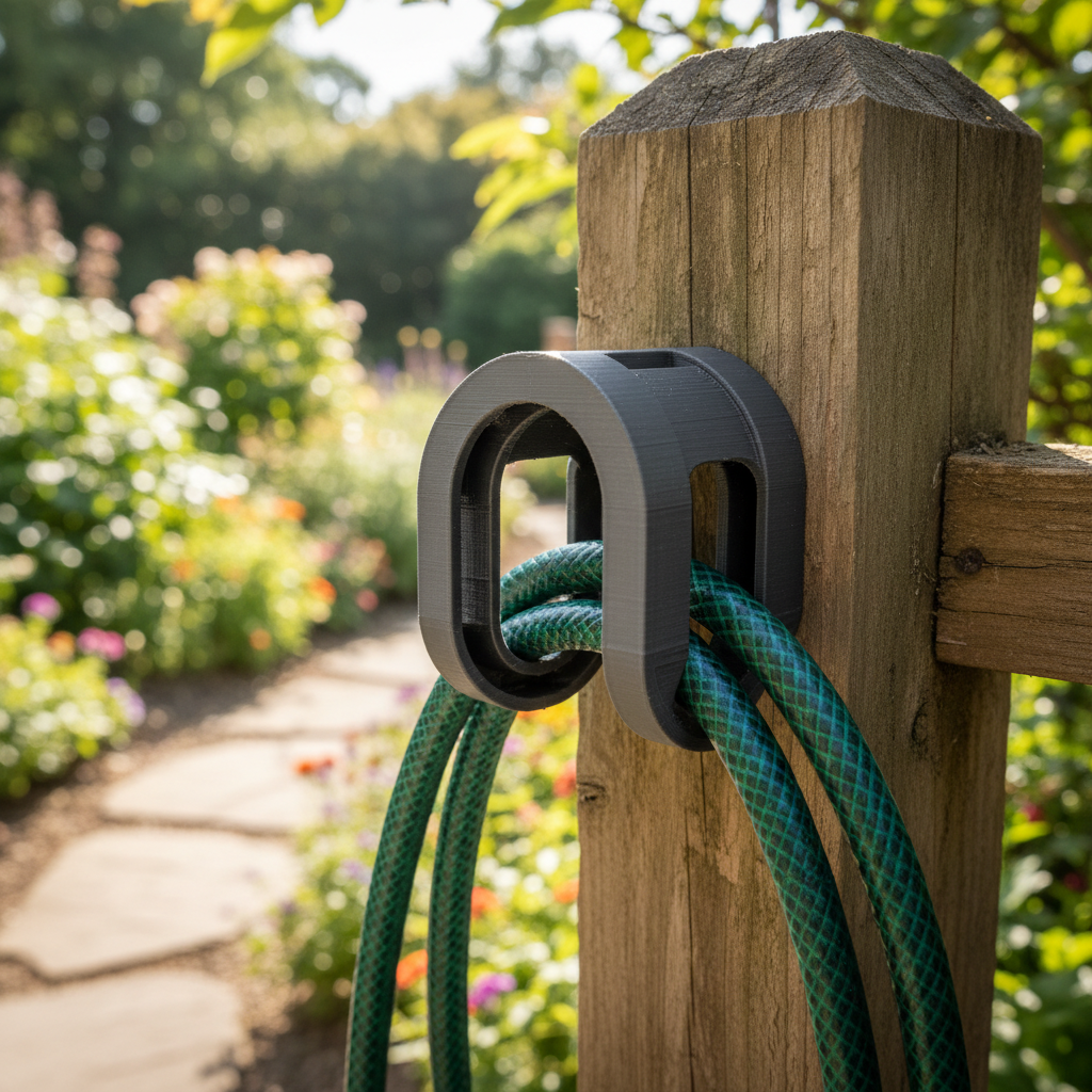 Black 3D printed garden hose guide on fence post