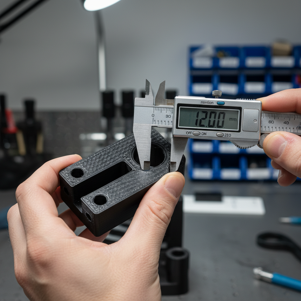 Digital caliper measuring a 3D printed garden bracket