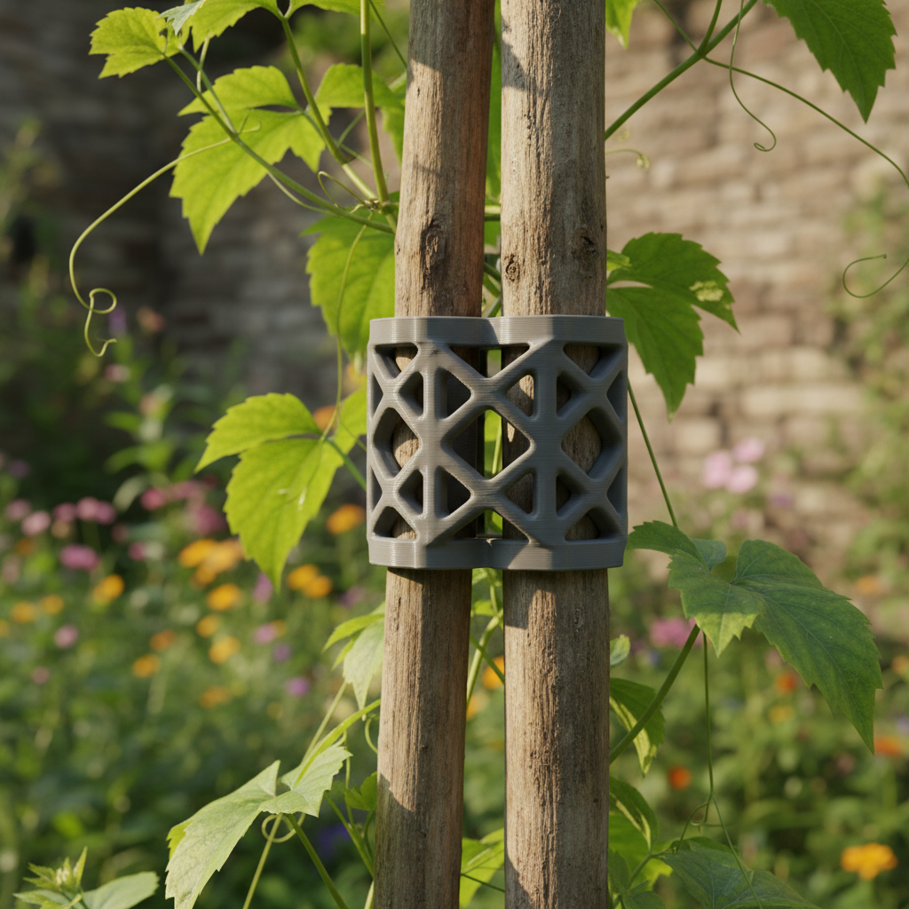 Gray 3D printed trellis connector on wooden garden posts