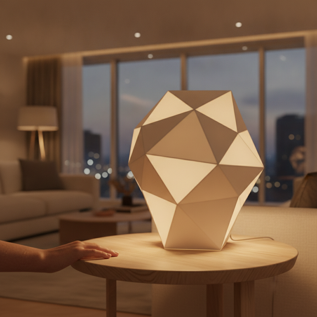 Geometric 3D printed architectural lamp with warm light