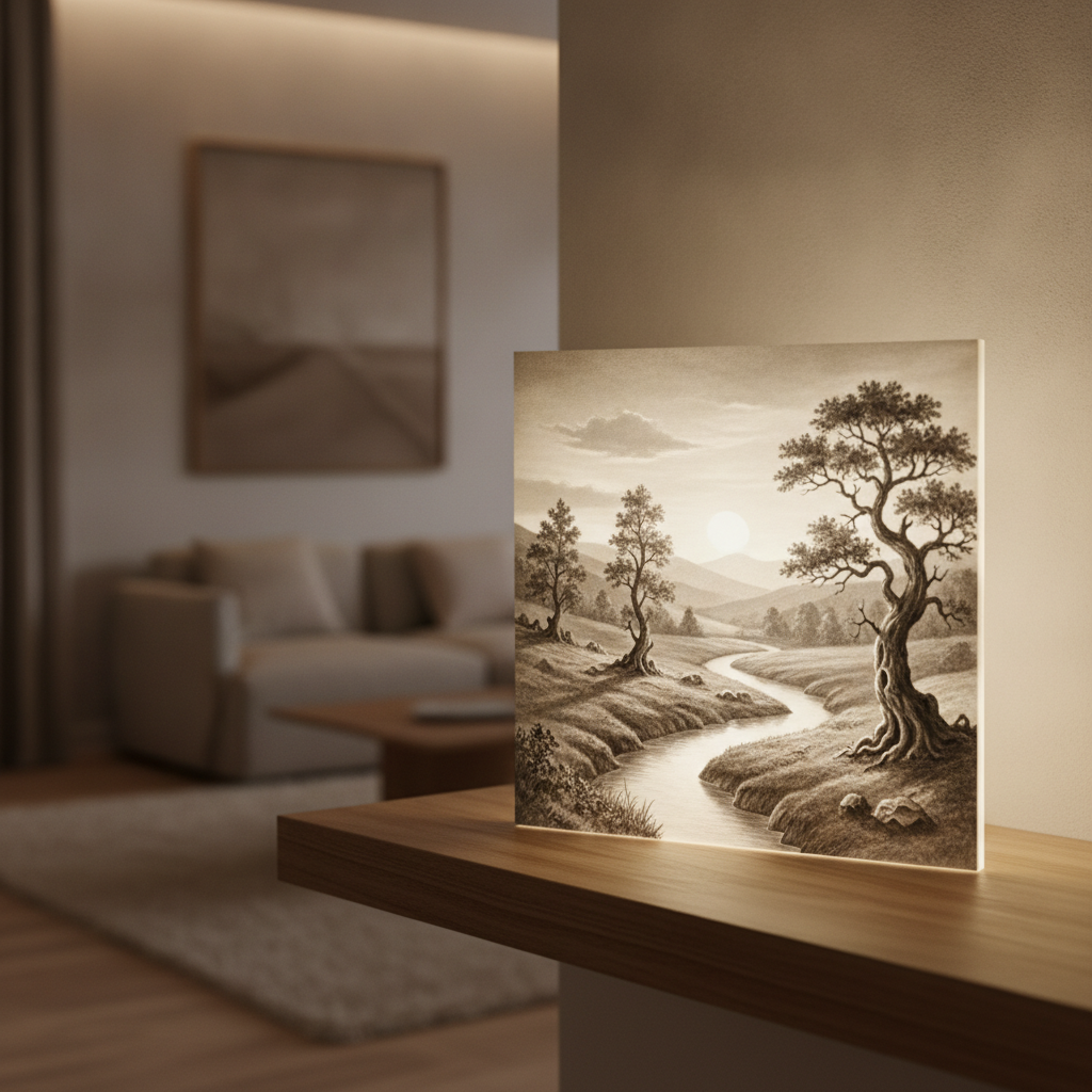 Backlit 3D printed landscape lithophane panel