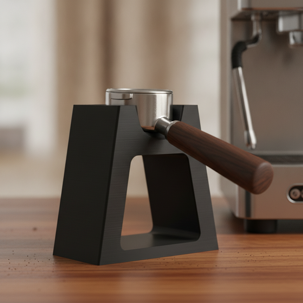 Custom 3D printed portafilter stand on espresso bar