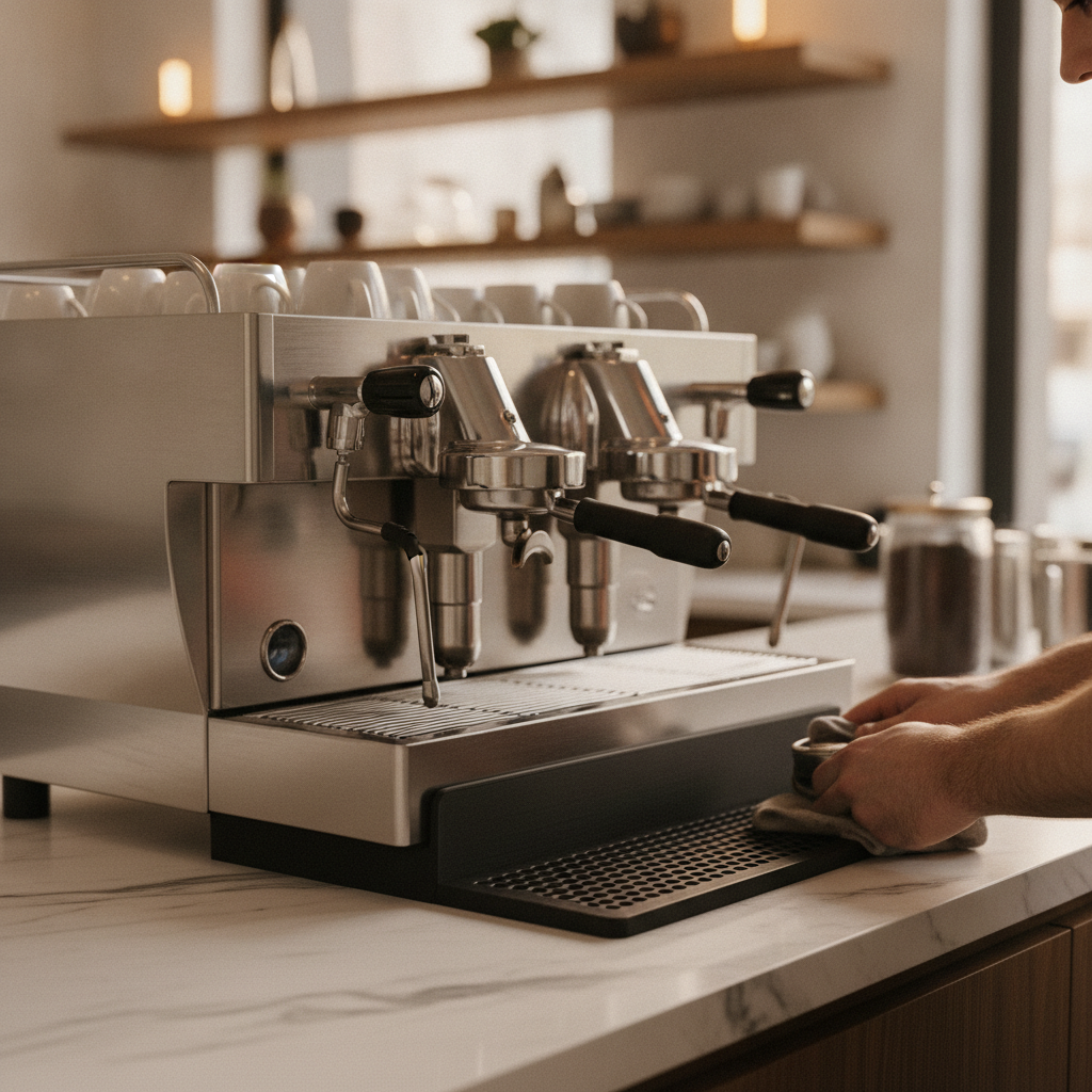 Espresso machine with black drip mat on countertop