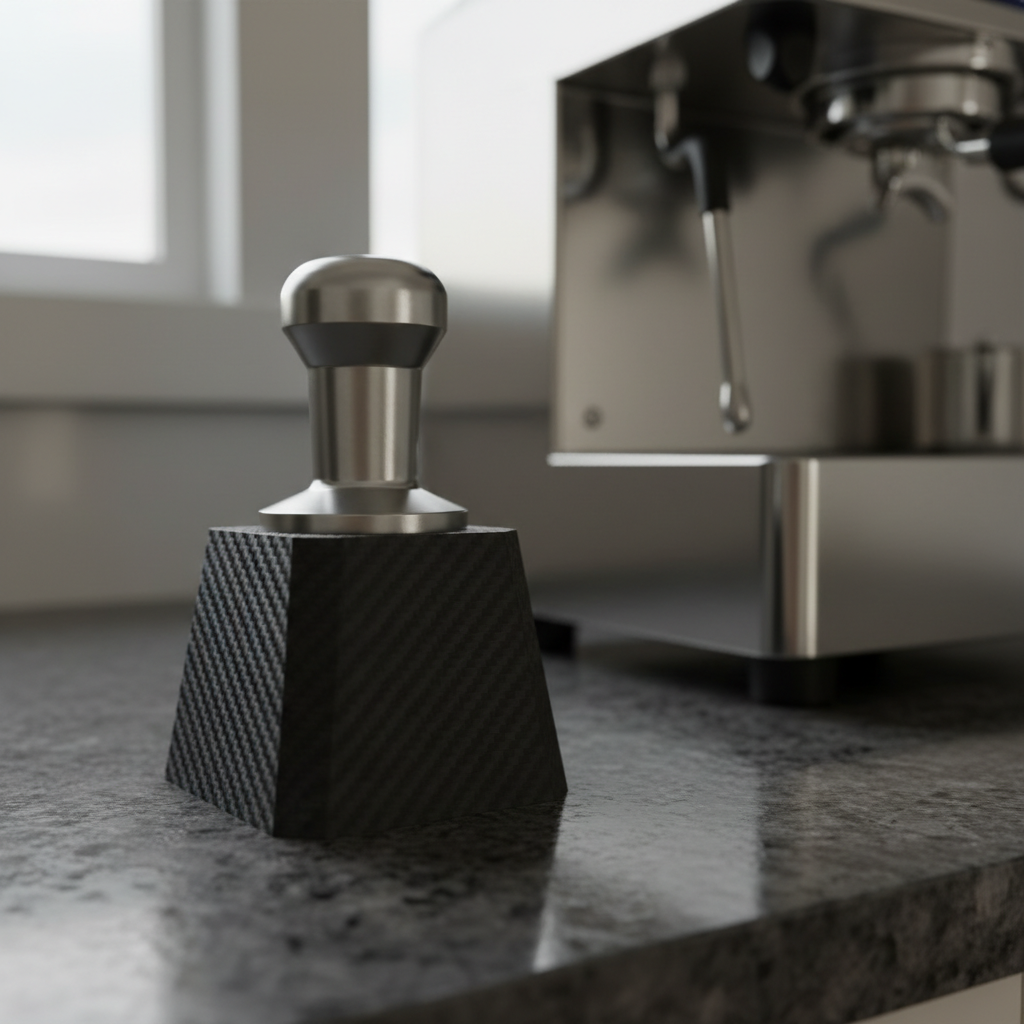 Metal coffee tamper resting in black 3D printed base