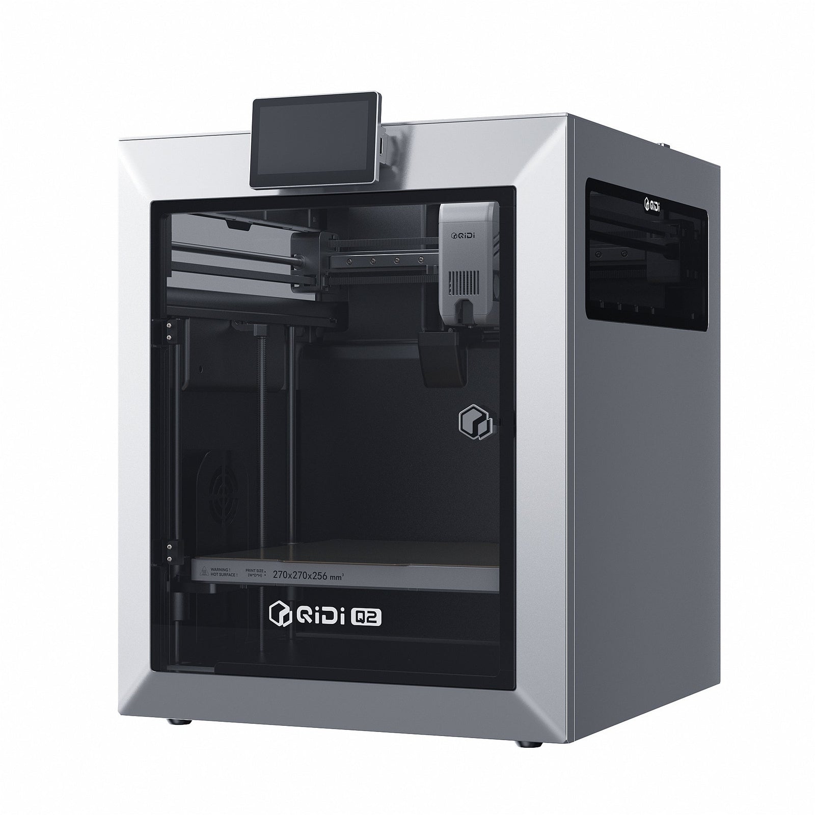 QIDI Q2 3D printer with touchscreen, enclosed build chamber, and visible print bed area sized 270×270×256 mm for precise printing.