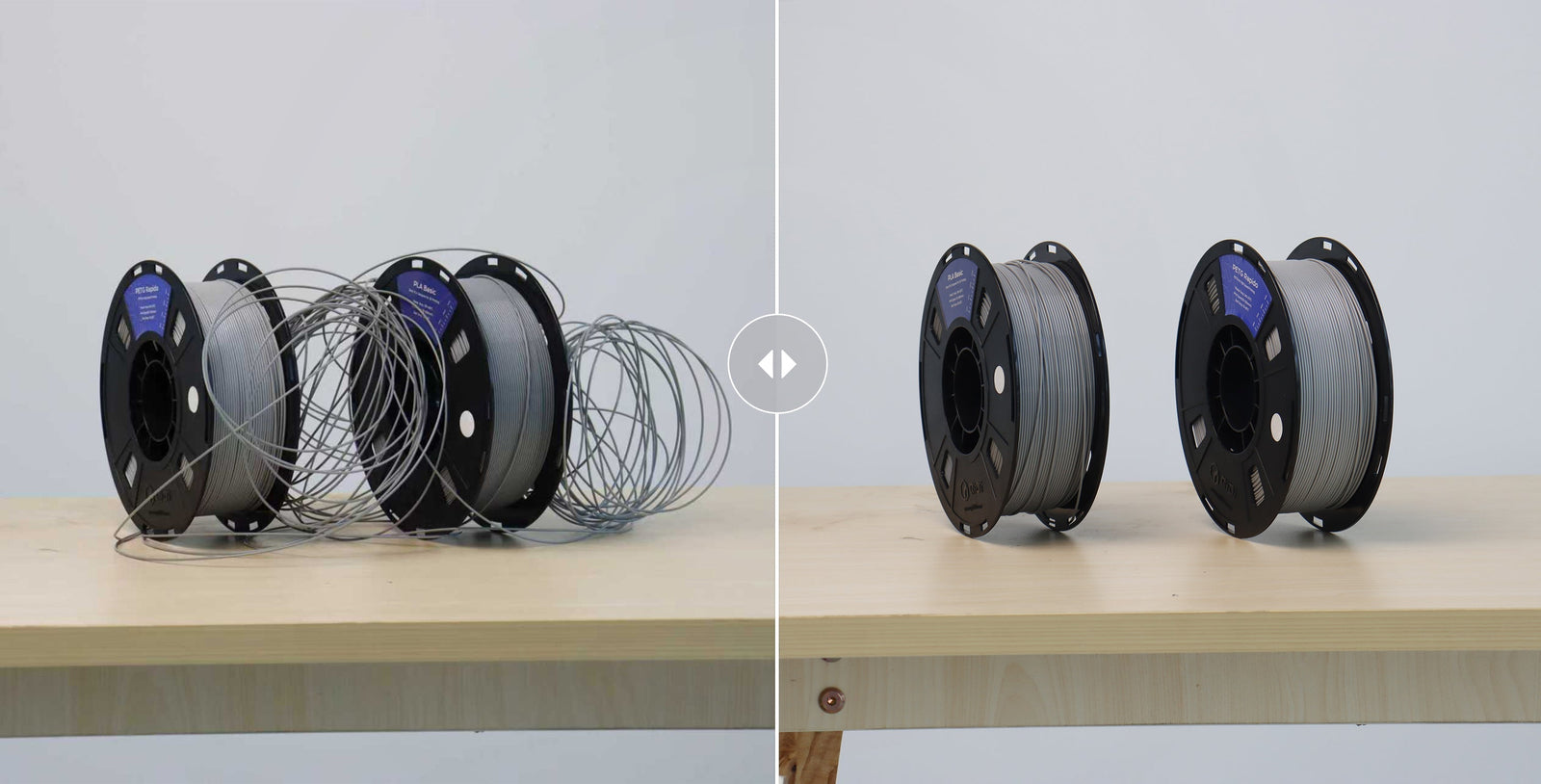 Before and after image of tangled 3D printer filament on the left and neatly wound spools on the right