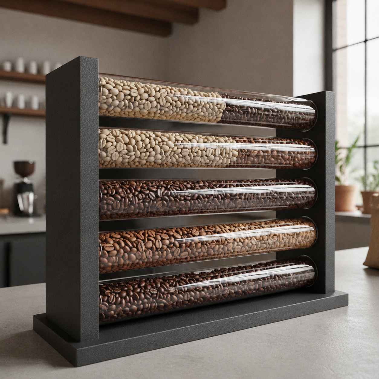 Coffee bean storage rack with five glass tubes