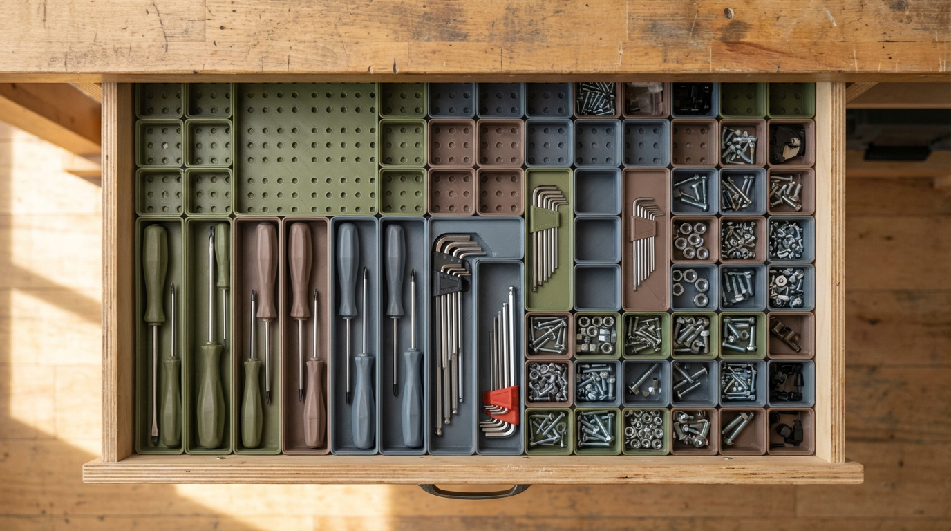 Gridfinity drawer organizer filled with tools and hardware