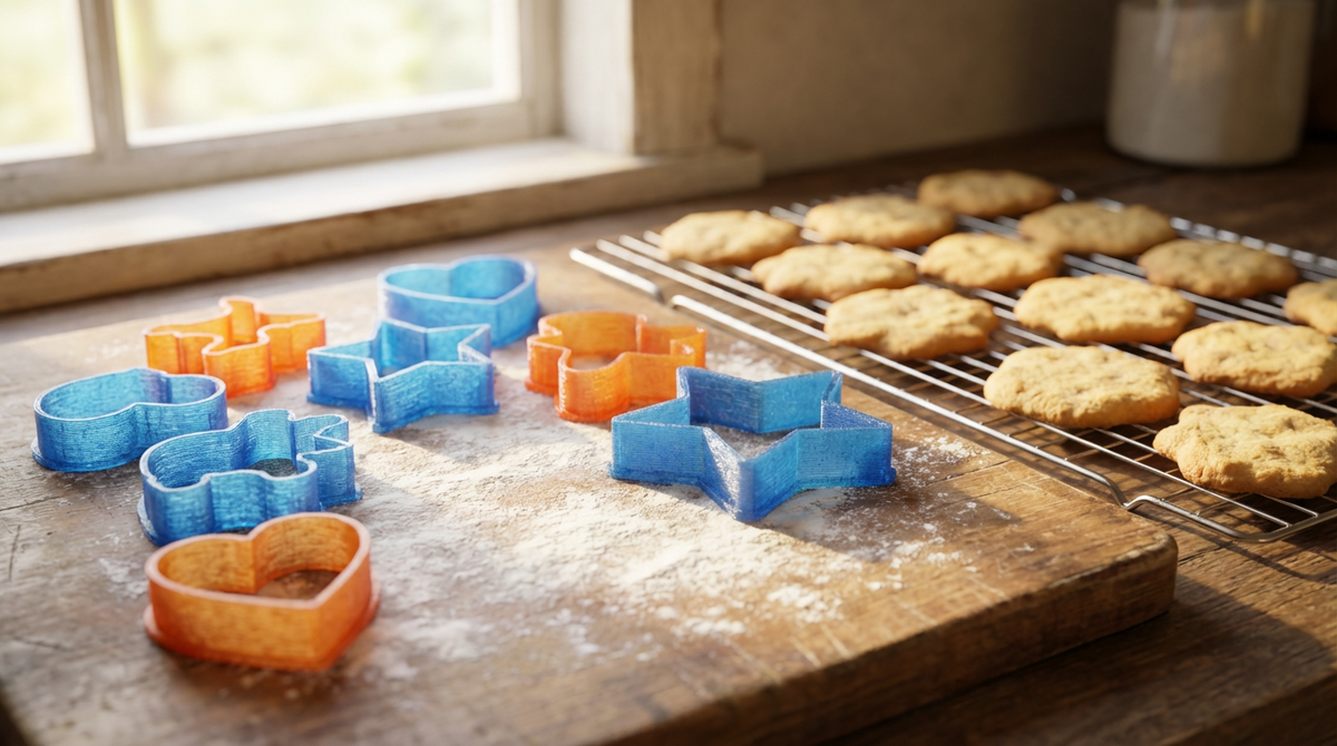 Blue and orange 3D printed cookie cutters on baking board