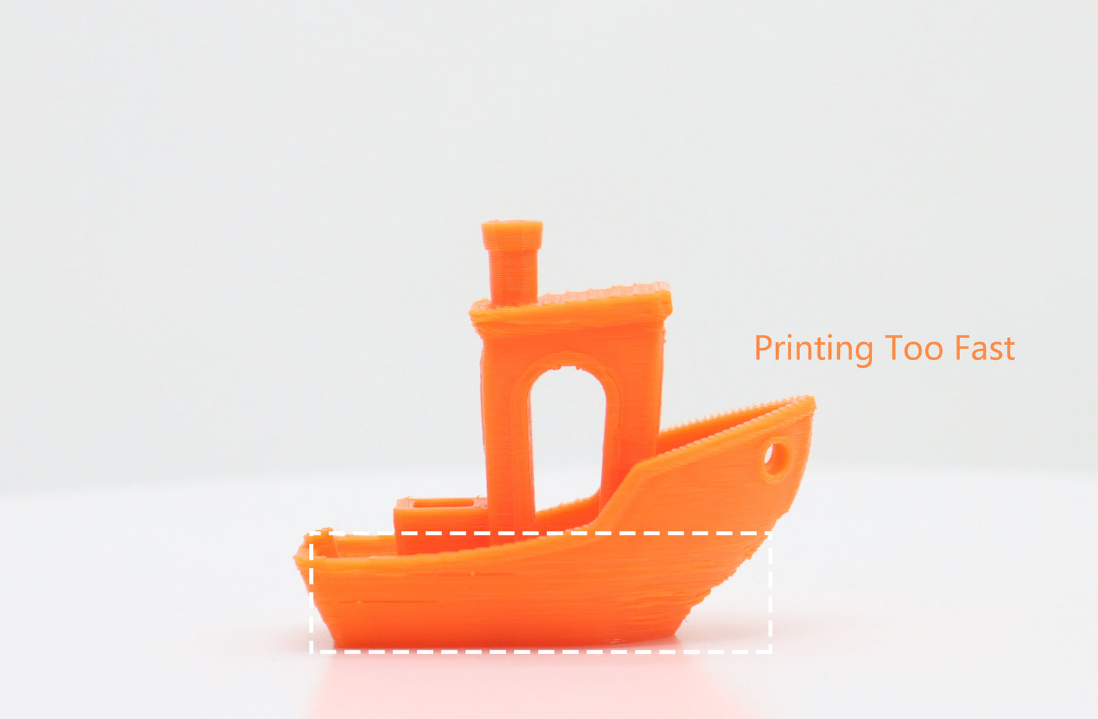 Calibration Benchy with artifacts and warped bow, annotated to indicate over‑speed printing issues and need to reduce speed settings