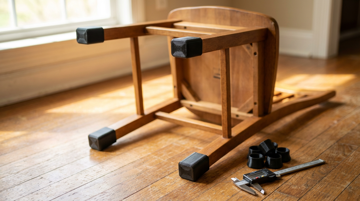 Upside-down wooden stool fitted with black 3D printed feet