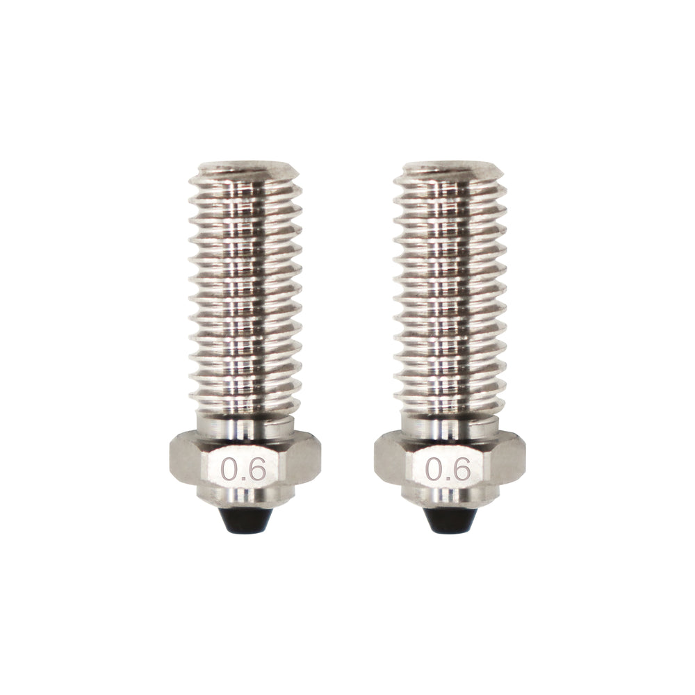 Two 0.6 mm bimetal nozzles for QIDI 3D printers, showing threaded connection and nozzle tip.