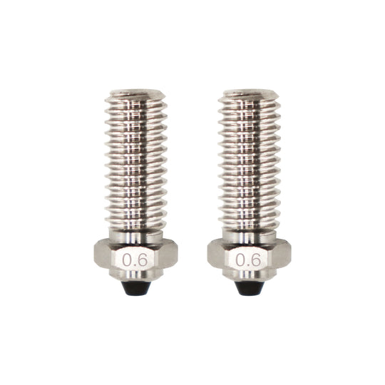 Two 0.6 mm bimetal nozzles for QIDI 3D printers, showing threaded connection and nozzle tip.