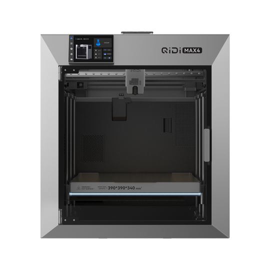 QIDI Max4 3D printer: 390x390x340mm build, industrial, high-temp printing, touchscreen.