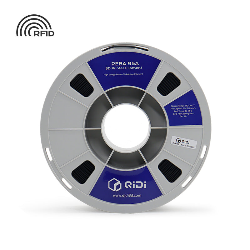 Spool of black PEBA 95A 3D printer filament with RFID tag, highlighting high energy return properties.
