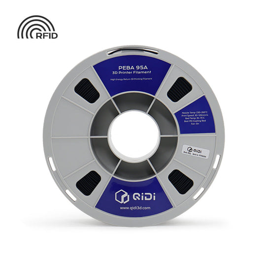 Spool of black PEBA 95A 3D printer filament with RFID tag, highlighting high energy return properties.