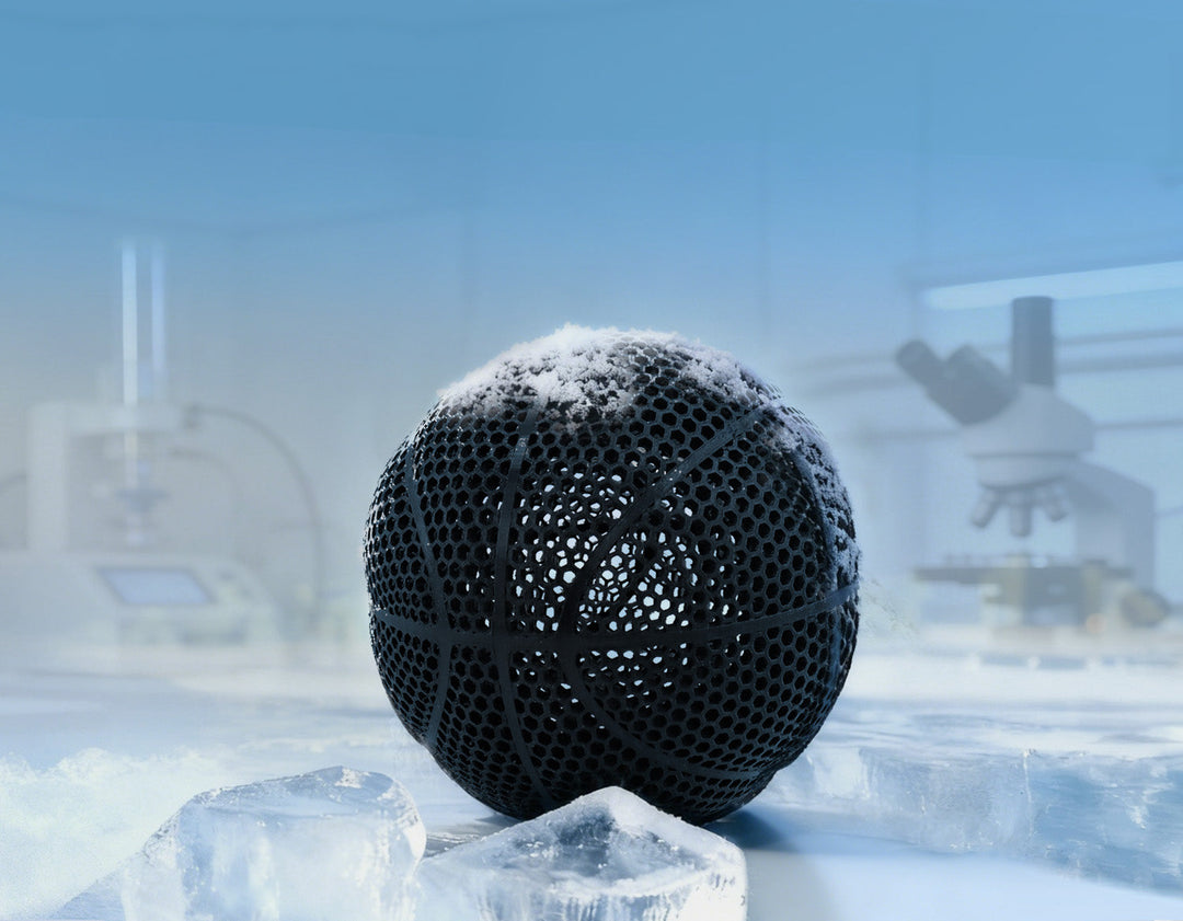 QIDI PEBA 95A filament, black basketball with snow on ice, demonstrating low-temperature flexibility.