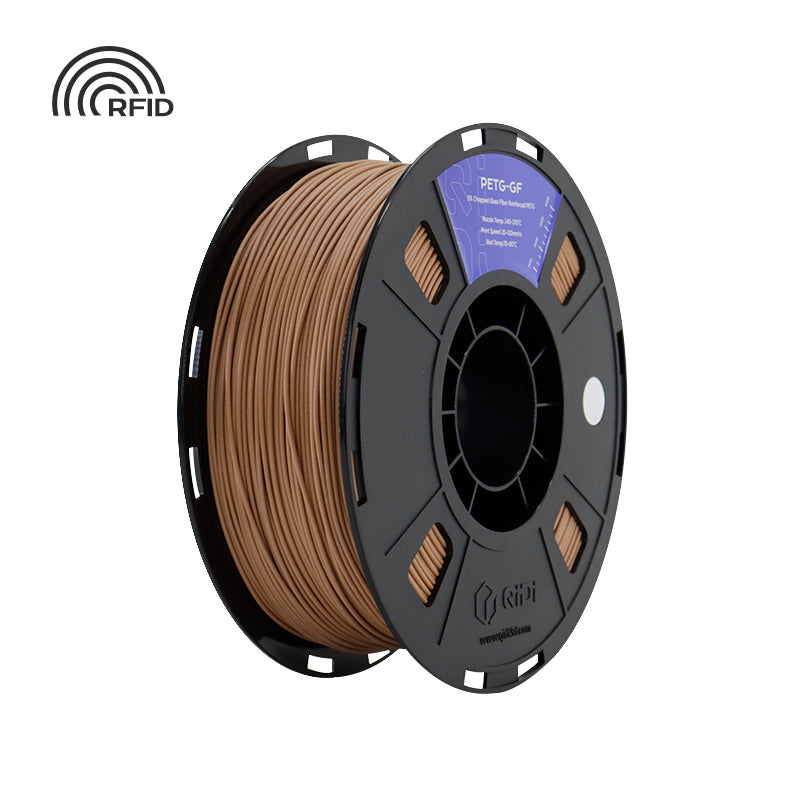 Spool of QIDI PETG-GF filament in Macchiato Brown with RFID chip indicator.