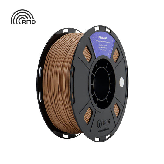 Spool of QIDI PETG-GF filament in Macchiato Brown with RFID chip indicator.