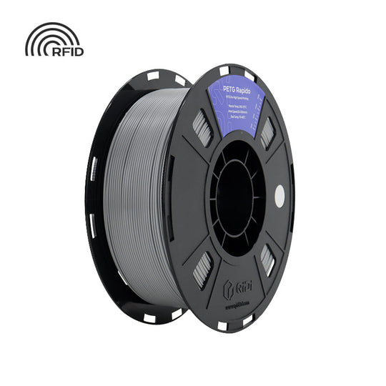 Grey QIDI PETG Rapido filament spool with RFID label for high-speed 3D printing.