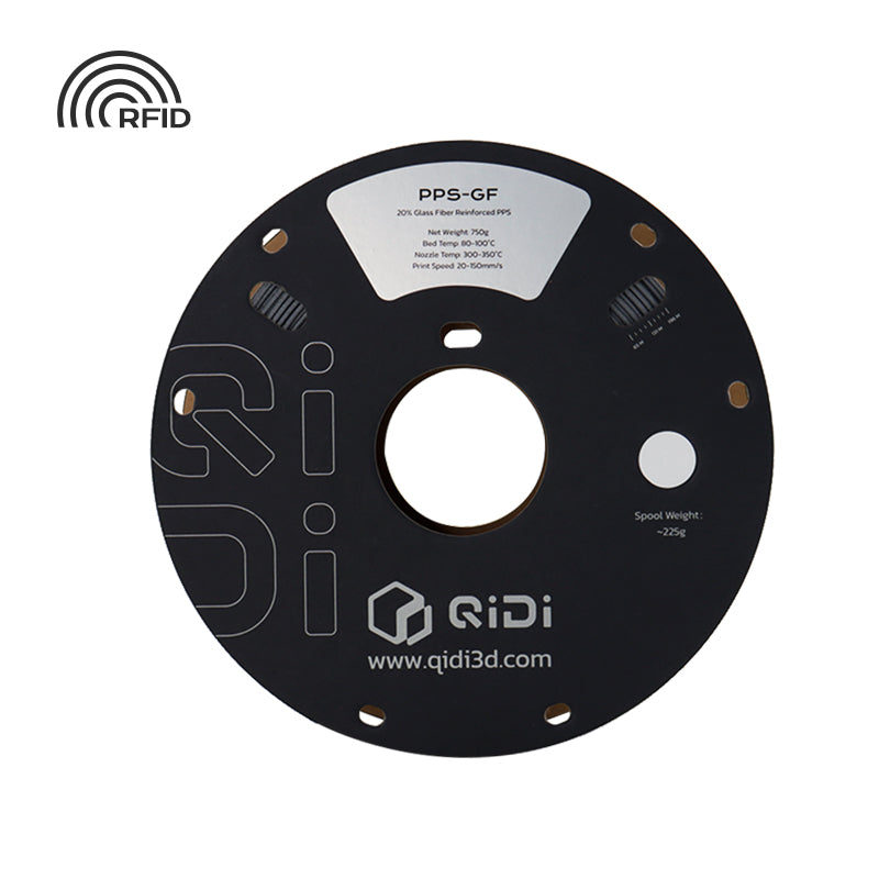 QIDI PPS-GF 750g filament spool with RFID chip, featuring 20% glass fiber reinforced PPS, print settings, and QIDI branding.