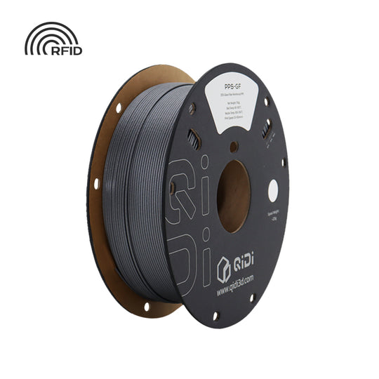 QIDI PPS-GF20 filament spool in gray, featuring RFID and QIDI branding.