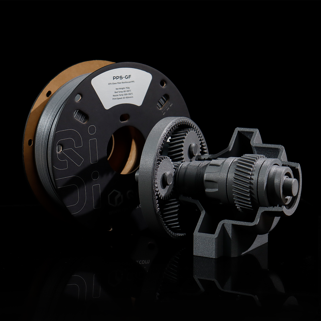 Gray PPS-GF 750g filament spool and 3D printed mechanical gear assembly