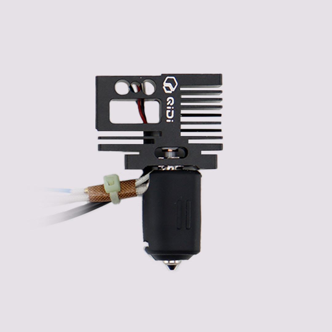 Q2 bimetal hot end with black heatsink and nozzle on white background