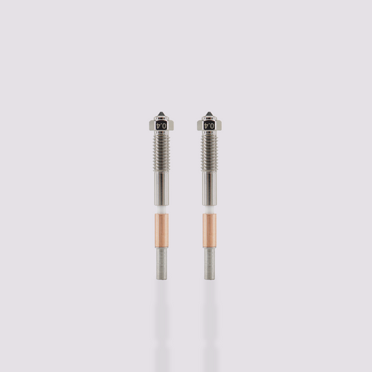 Two Q2 bimetal nozzles 0.4mm, hardened steel and copper-plated, disassembled and assembled