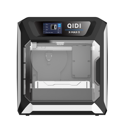 QIDI X-Max 3 3D printer, front view, showing touchscreen interface and build chamber.
