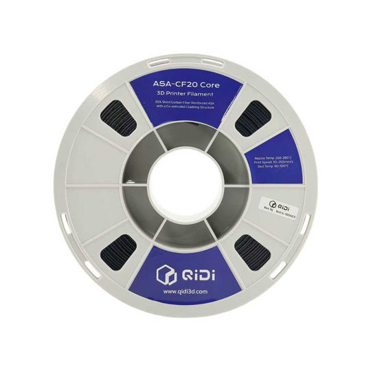 Perspective view of a spool of QIDI ASA-CF20 Core 3D printer filament, featuring 20% short carbon fiber reinforced ASA.