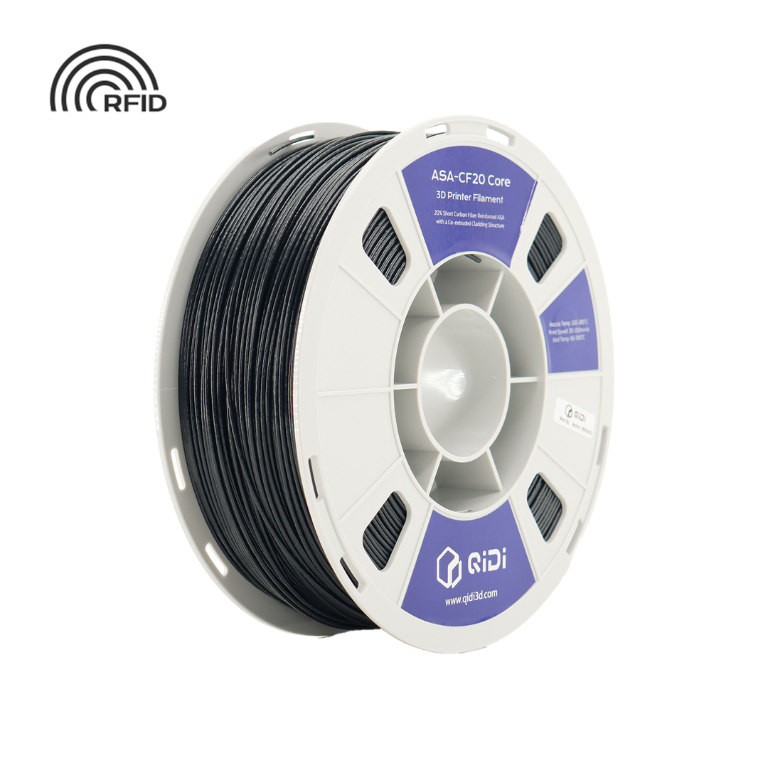 Front view of QIDI ASA-CF20 Core filament spool showing printing parameters including nozzle and bed temperature settings.